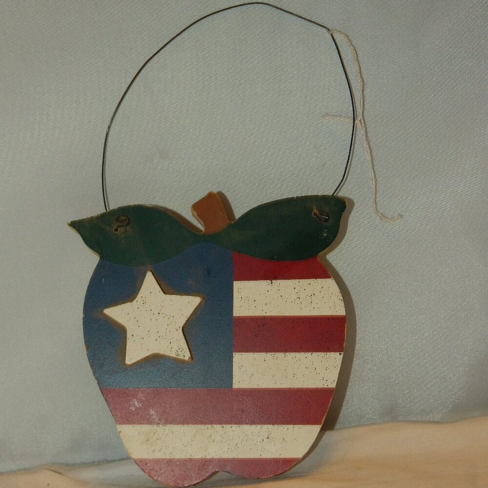 Vintage Primitive Americana Apple Decor - Handmade Wood Flag Sign